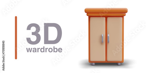 Realistic cupboard on white background. Closed wardrobe, front view. Furniture for home. Isolated color vector image. Stylish dresser with cornice and door