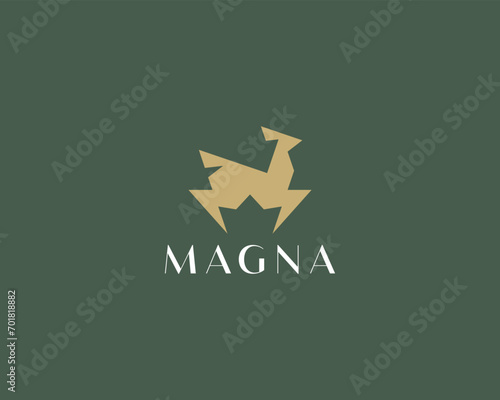 Abstract running roe deer logo design. Creative gazelle elk antelope logotype. Universal crown in negative space symbol. Vector illustration.