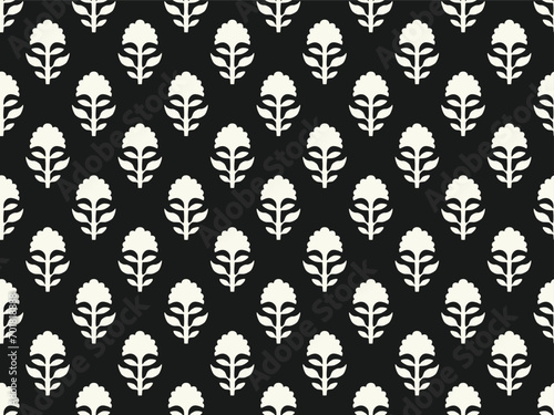 MONOCHROME SPRIG FLORAL AJRAKH PATTERN AND BLOCK PRINT PATTERN BATIK PRINT BACKGROUND DIGITAL PRINTING TEXTILE PATTERN