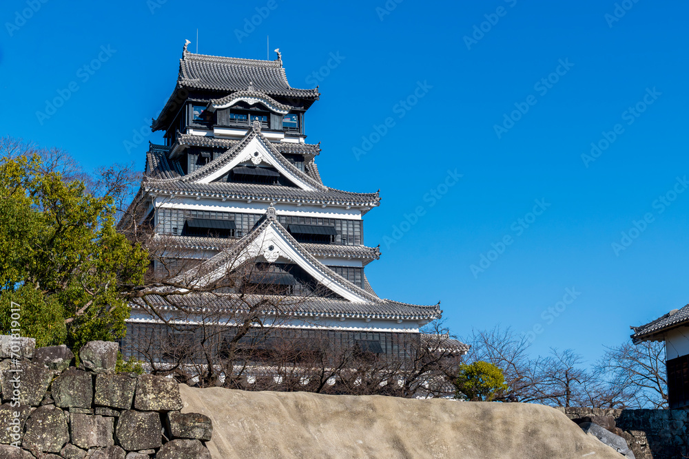 Kumamoto Castle view from terrace and balcony in sunny blue sky day, Kumamoto, Japan.. the Kumamoto castle was a large and well-fortified castle. Kumamoto Castle view from terrace and balcony in sunny blue sky day, Kumamoto, Japan.. the Kumamoto castle was a large and well-fortified castle.