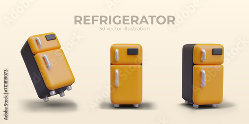 Composition with realistic yellow refrigerator in different positions. Kitchen appliances for cooling and storing food. Vector illustration in 3d style with yellow background