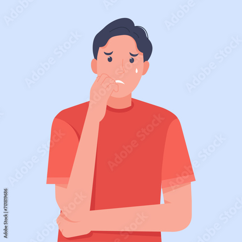 Stressed man standing biting his nails in fear anxiety over the problem of feeling afraid. Male expression of anxiety, shock, facial expression