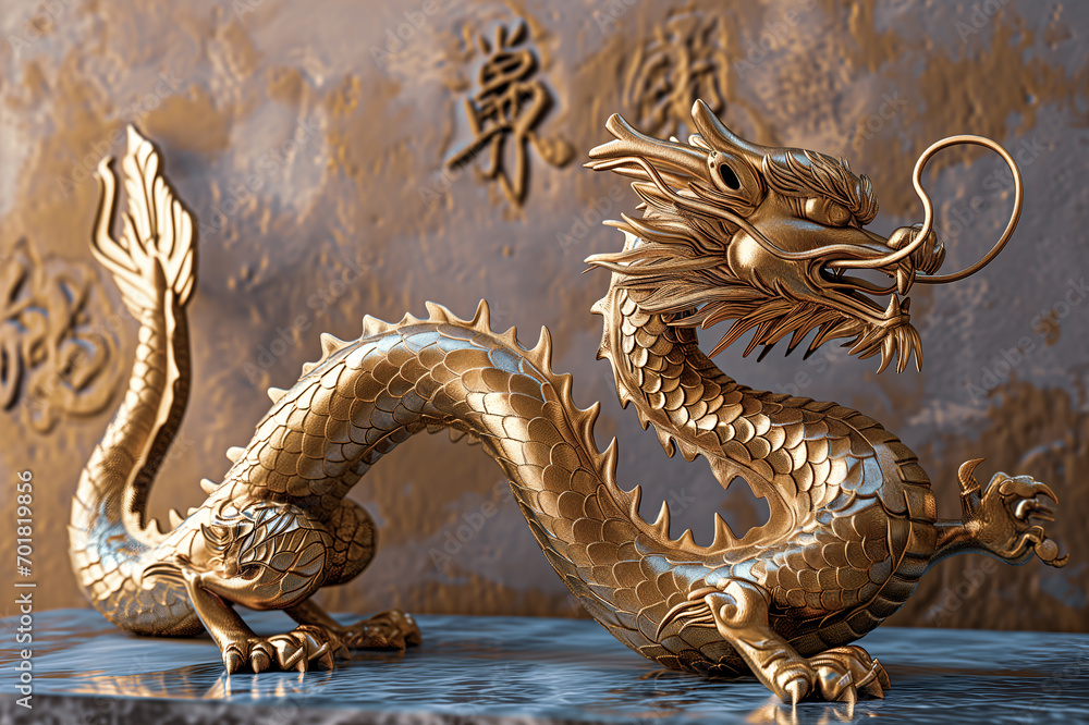 Fototapeta premium golden chinese dragon model sculpture 2024 year ,Loong, gold, metal, logo,New Year,2024,Year of the Dragon,Chinese New Year,New Year's Eve,New Year's Day