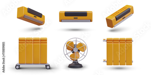 Composition with different climate devices. Realistic air conditioner in different positions, mobile battery heater, and battery for central heating. Vector illustration in 3d style