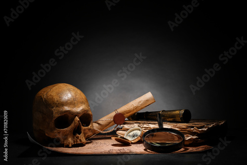 Human skull with old manusc...