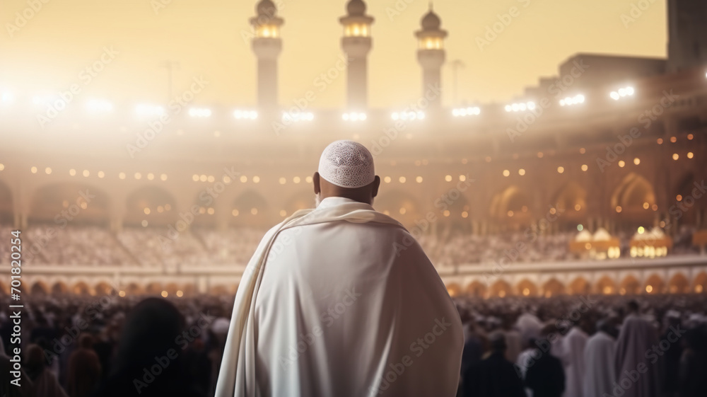 Back Of Muslim Arab Man In Pilgrim Performing Haj Or Umrah, Baitullah Sharif, Kaba, Muslim's Temple, Generative Ai 