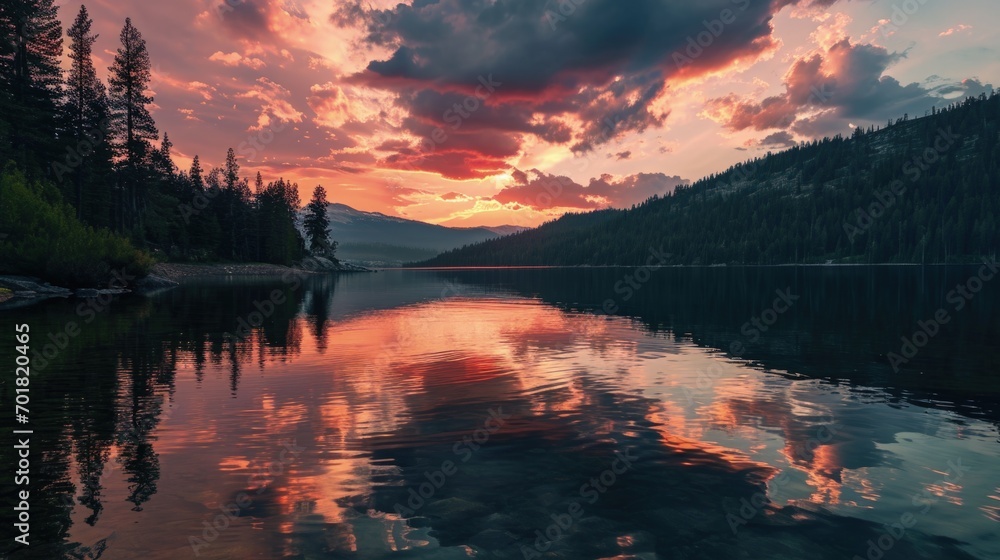 Sunset Reflection on a Serene Lake with Majestic Mountain Backdrop