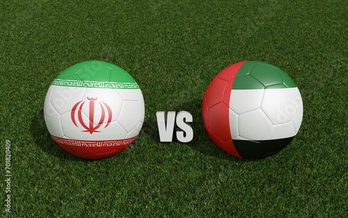Footballs in flags colors on grass. Iran with UAE. 2023 asian cup tournament. 3d rendering