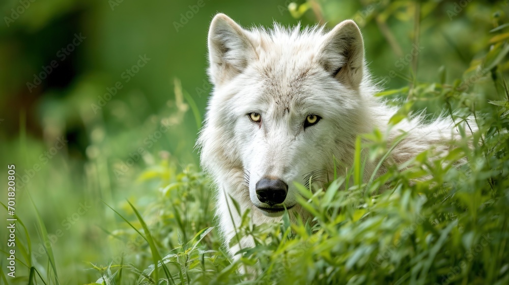 A Majestic White Wolf Standing in a Serene Green Field A Majestic White Wolf Standing in a Serene Green Field