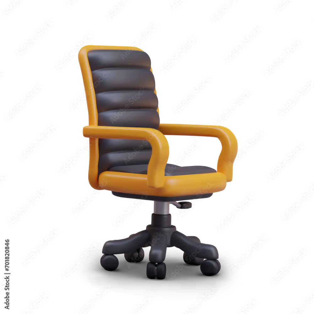 Side view on office chair for long-sitting work in yellow and black colors. Concept of professional office furniture. Vector illustration in 3d style with white background Side view on office chair for long-sitting work in yellow and black colors. Concept of professional office furniture. Vector illustration in 3d style with white background