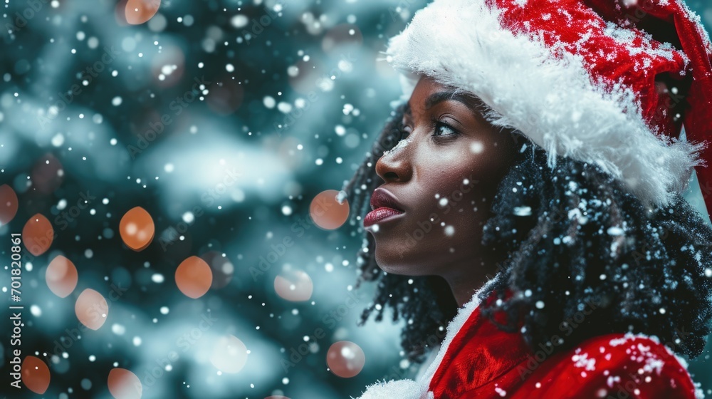Festive Woman with Santa Hat in Front of Christmas Tree Festive Woman with Santa Hat in Front of Christmas Tree