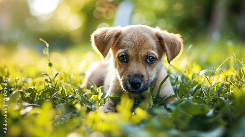 A Small Brown Dog Resting on a Lush Green Field