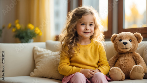 portrait of a little girl with a teddy bear in the room playing