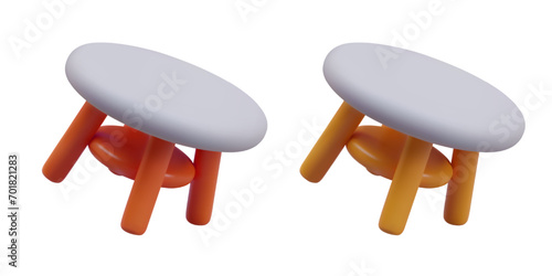 3D round stools in cartoon style. Cute vector illustrations for online furniture store. Choice of color of wooden legs. Modern home interior items. Woodwork