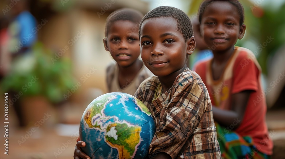 International day of peace concept. African Children holding earth globe. Group of African children holding planet earth planet earth over defocused nature background with copy space. - obrazy, fototapety, plakaty 