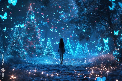 A sparkling world in neon colors of a blue shade, a thin girl stands in the center and neon butterflies circle her.
