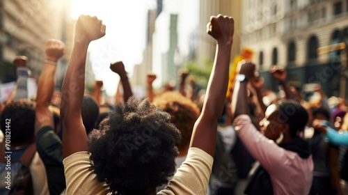 African American people in a crowd fighting and protesting in the street with raised fists against racism and racial discrimination, for change, freedom, justice and equality, Black Lives Matter © People