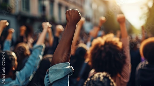 African American people in a crowd fighting and protesting in the street with raised fists against racism and racial discrimination, for change, freedom, justice and equality, Black Lives Matter photo