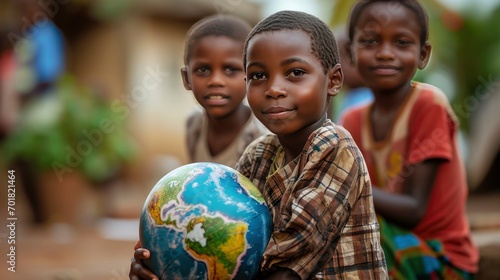 International day of peace concept. African Children holding earth globe. Group of African children holding planet earth planet earth over defocused nature background with copy space. photo