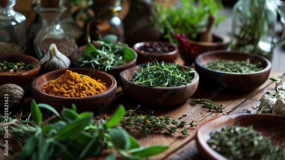 A Rustic Wooden Table with an Array of Fresh Herbs A Rustic Wooden Table with an Array of Fresh Herbs
