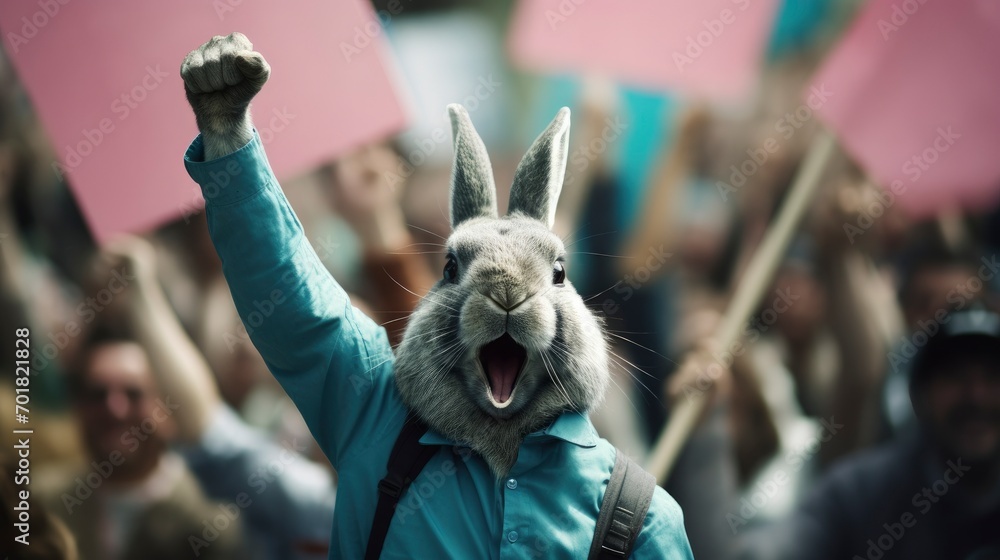 A rabbit raising fist up for his fight in the street