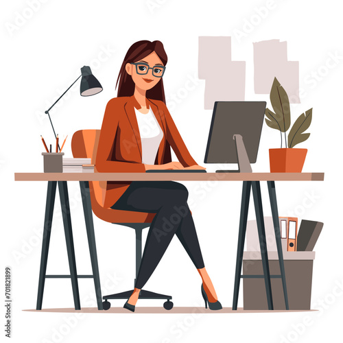 Woman working on laptop in office with white background, vector in minimalism