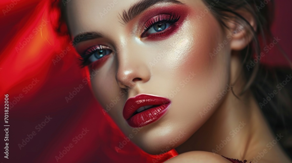 Fototapeta premium A Captivating Close-Up of a Woman with Striking Red Makeup