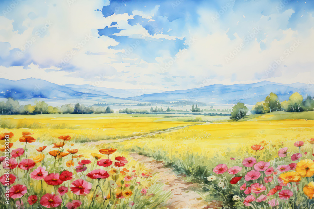 Grass meadow nature painting flower watercolor landscape summer background field art illustration sky