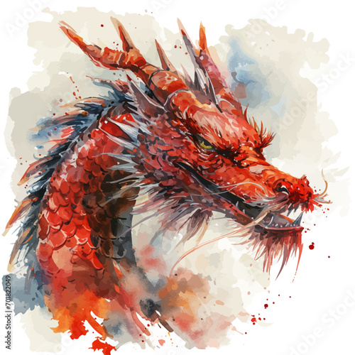 red chinese dragon set with watercolor brush paint isolated on white background. chinese new year,loong,Watercolor. Illustration. Template. Sketch. Handmade Clip art