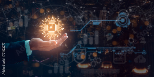 artificial intelligence AI technology and Digital transformation concept, hands holding Ai icon with blurred city and icons background