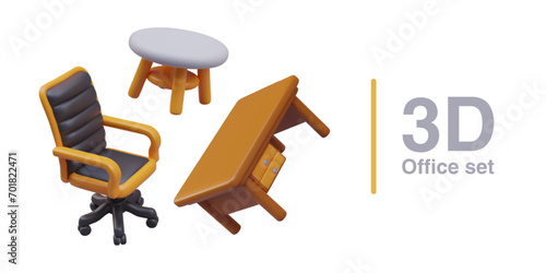 Vector set of office furniture. Realistic ergonomic chair on wheels, desk, round coffee table. Elements of modern office interior. Designer services. Apps content