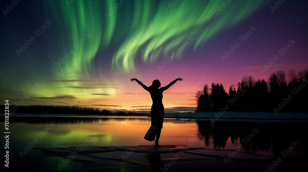 A lone silhouette dancing gracefully on a frozen lake with the Northern Lights illuminating the sky.
