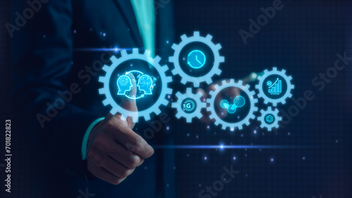artificial intelligence AI technology and Digital transformation concept, businessman using smartphone and thumb up touching virtual global AI technology diagram photo