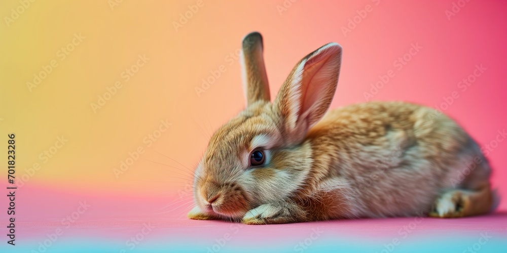 Obraz premium Cute little ginger bunny on gradient colorful background. Easter concept