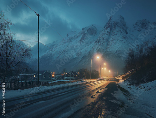 Snowy mountain road in the night