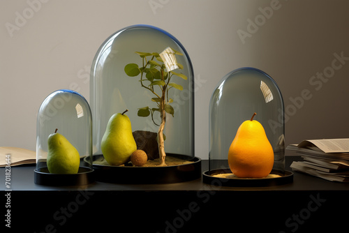 A group of clear glass cloches showcasing pears as interior decor. Three transparent domes covering fruit and a bonsai tree. AI-generated photo