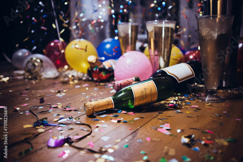 A room in disarray after a night of celebration, with colorful balloons, empty bottles and confetti on the floor. A mess left after a fun birthday party. AI-generated photo