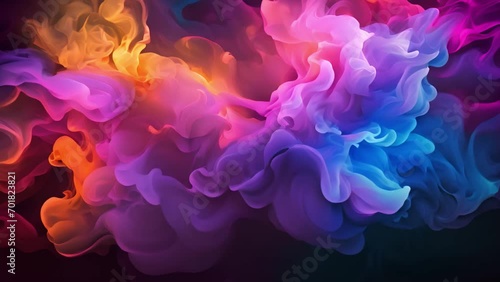 Ink color blend. Paint water drop. Transition reveal effect. Neon pink blue fluid splash on vibrant purple fume texture creative abstract background shot photo