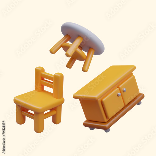 Round low table, wooden chair, chest of drawers. Classic set of furniture for home. Color illustrations in realistic style. Floating vector models, motion effect