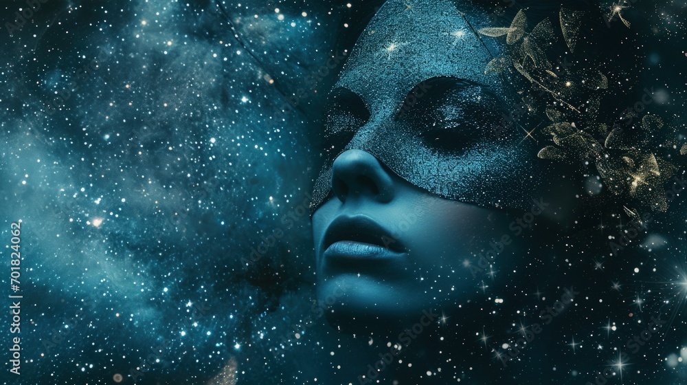 A Woman with a Blue Face and Stars in the Background