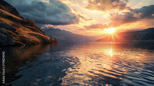 The Sun Is Setting Over a Lake With Mountains in the Background