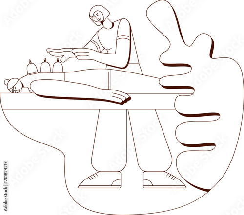 Wellness cupping vacuum back massage with professional massage therapist in spa. Contour drawing. Isolated vector illustration.