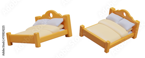 Realistic wooden bed with blanket and two pillows. Composition with home furniture in different positions. Vector illustration in 3d style with white background