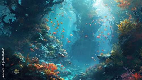 A Painting of a Underwater Scene With Corals and Fish © FryArt Studio