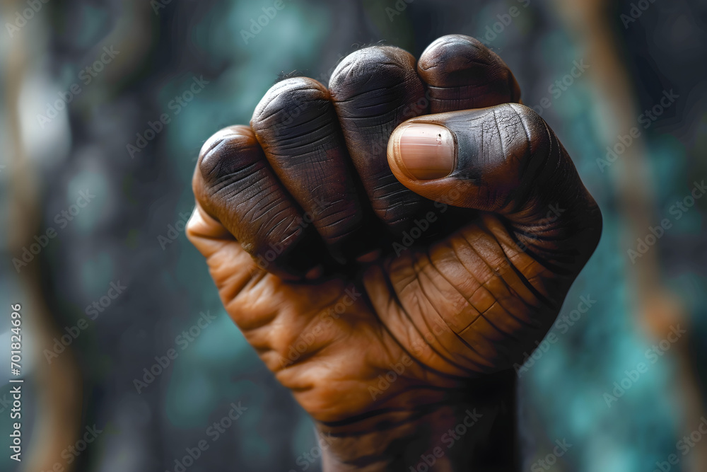 A clenched fist is raised in celebration for Juneteenth and Black History Month, - obrazy, fototapety, plakaty 