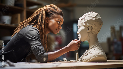 A Human Resources manager sculpting a perfect employee from clay on a desk. photo