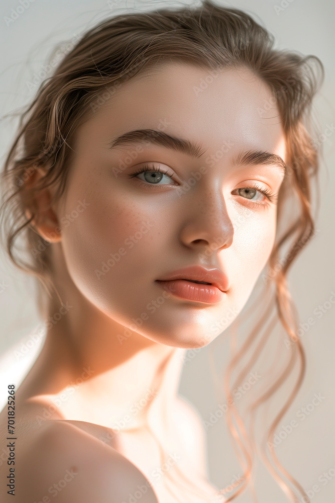 Naklejka premium White background, beautiful woman in her 20s, white, clean skin, sunlight, skin care, moist skin, eyes open, looking straight, upper body