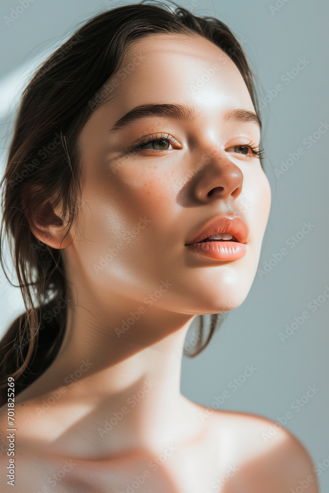 White background, beautiful woman in her 20s, white, clean skin, sunlight, skin care, moist skin, eyes open, looking straight, upper body White background, beautiful woman in her 20s, white, clean skin, sunlight, skin care, moist skin, eyes open, looking straight, upper body