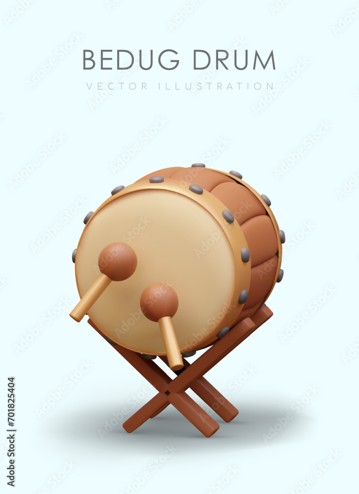 Fototapeta premium Religious musical instrument on blue background. Poster with bedug drum and place for text. Celebrating Ramadan time concept. Vector illustration in 3d style