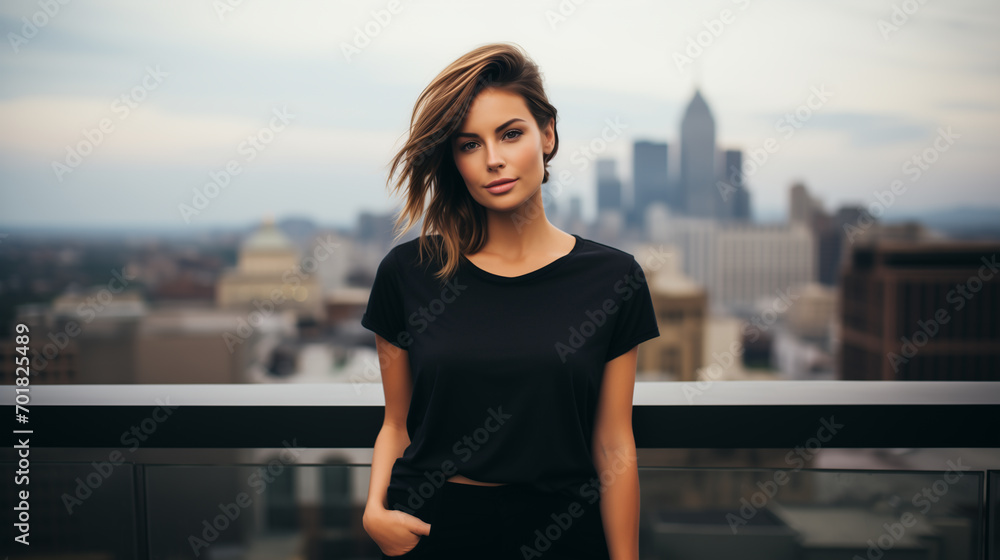 Young girl in black  tshirt in city street. Mock up template for t-shirt design print